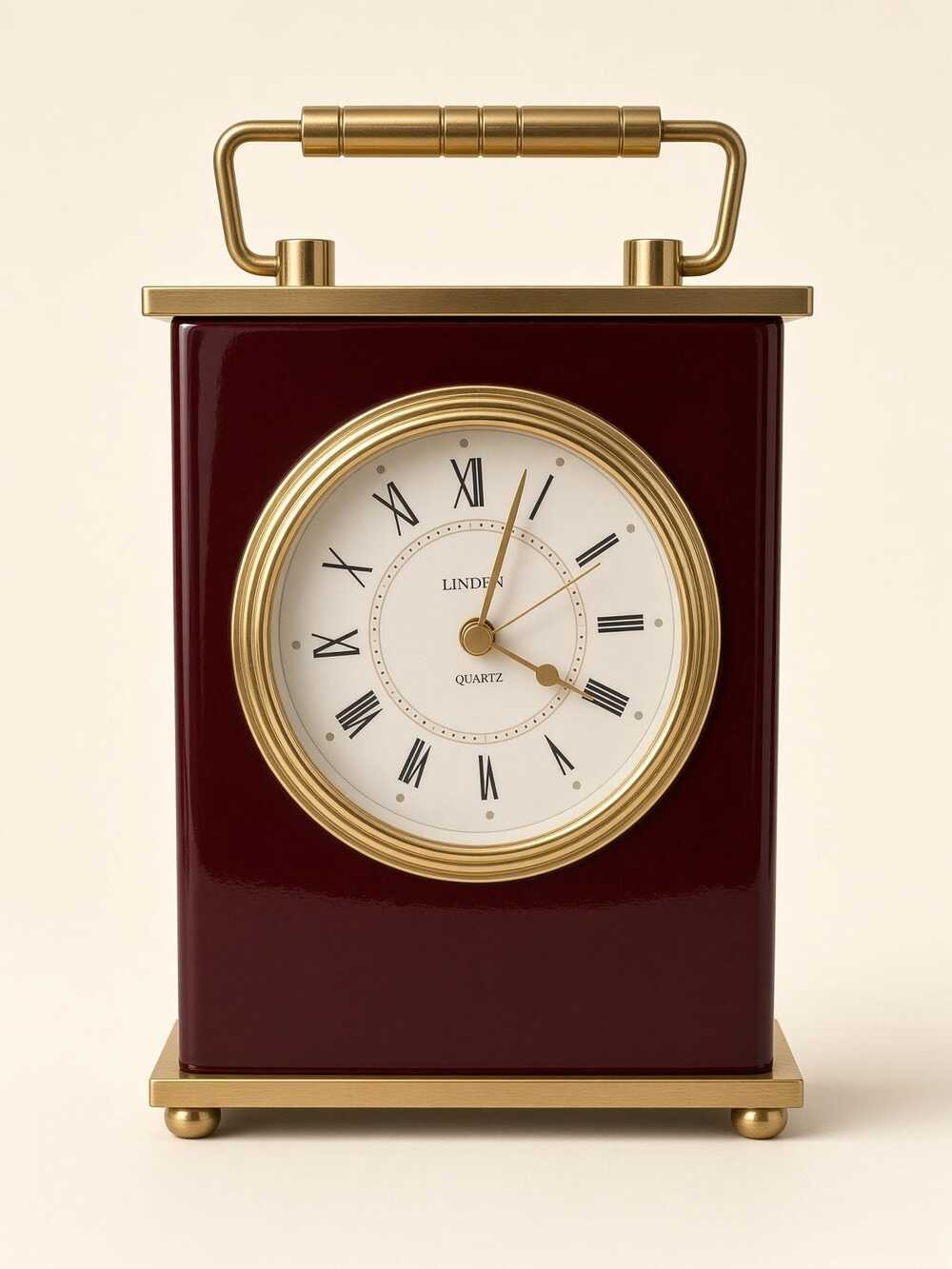Linden Burgundy Quartz Mantel Clock, Brass Swing Handle, White Roman Numerals